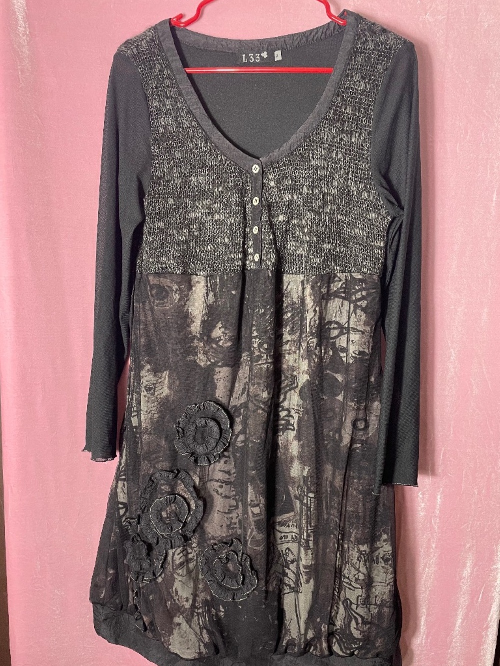 Artistic L33 gothic dress wms Sz.10-12 black and gray with mixed textiles